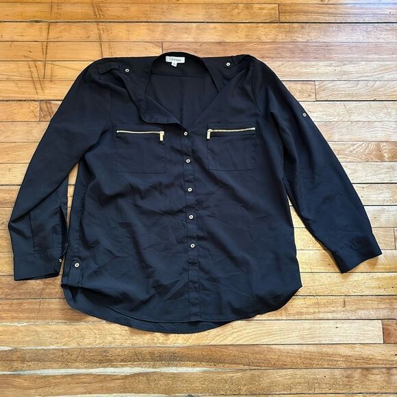 Calvin Klein Tops - Calvin Klein Women’s Black Button Up Shirt with Gold Buttons and zipper size XL